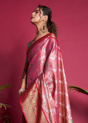 Magenta color banarasi silk saree with zari woven work