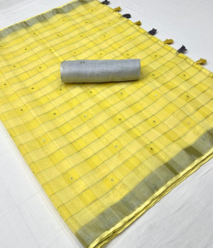 Yellow color soft linen cotton saree with weaving work