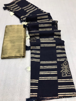 Navy blue color dola silk saree with printed work