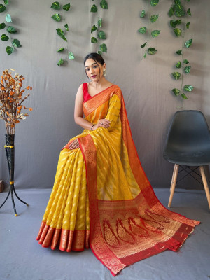 Yellow color organza silk saree with zari weaving work