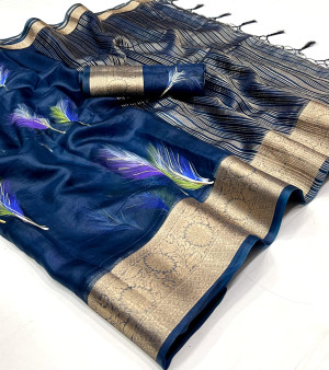 Navy blue color soft organza silk saree with foil printed work
