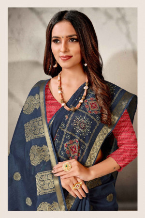 Blue color cotton saree with printed work