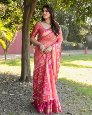 Gajari color soft organza silk saree with woven design
