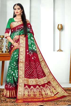 Green and maroon color bandhej silk saree with zari weaving work