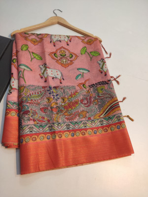 Peach color tussar silk saree with digital kalamkari printed work