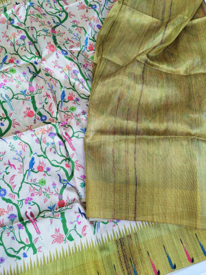 Mahendi green color tussar silk saree with digital printed work