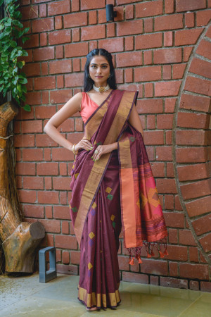 Brown color soft raw silk saree with woven design