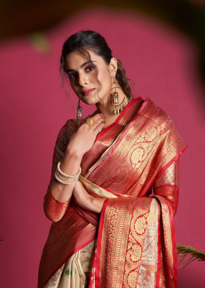 Off white color banarasi silk saree with zari woven work