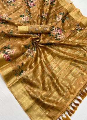 Mustard yellow color linen cotton saree with digital printed work
