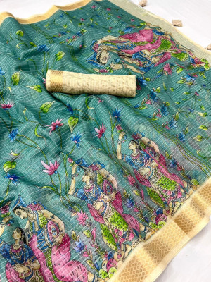 Sea green color soft cotton silk saree with digital printed work