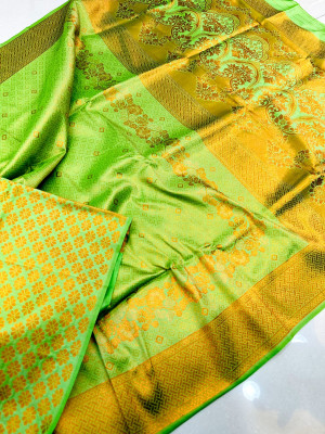 Apple green color kanchipuram silk saree with zari weaving work