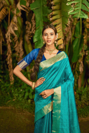 Rama green color bhagalpuri silk saree with zari weaving work