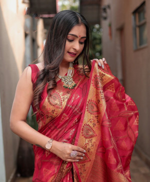 Red color organza silk saree with zari weaving work