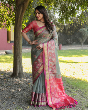 Gray color soft organza silk saree with woven design