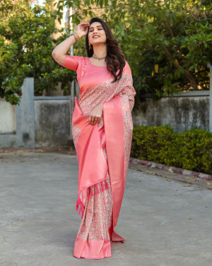 Peach color banarasi silk saree with digital printed work