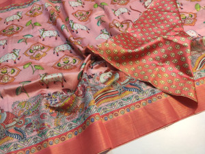 Peach color tussar silk saree with digital kalamkari printed work