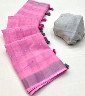 Pink color soft linen cotton saree with weaving work