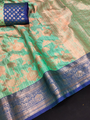 Sea green color soft linen silk saree with zari weaving work