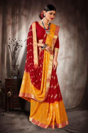 Red and yellow color soft dola silk saree with foil printed work