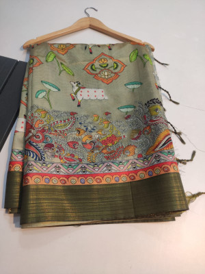 Light green color tussar silk saree with digital kalamkari printed work