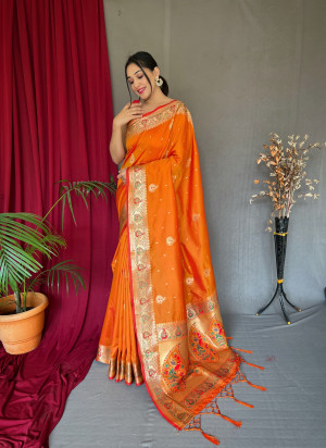 Orange color banarasi silk saree with zari weaving work