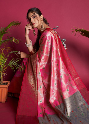 Baby pink color banarasi silk saree with zari woven work