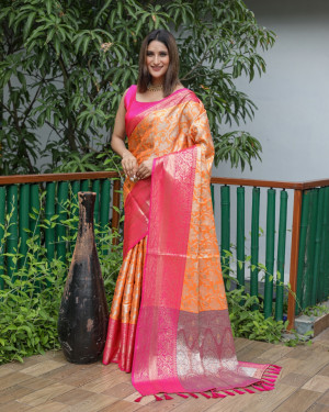 Peach color kanchipuram silk saree with zari woven work