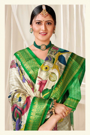 Green color soft cotton saree with printed work