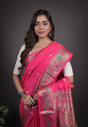 Light pink color paithani silk saree with zari weaving work
