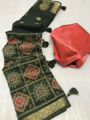 Mahendi green color cotton saree with printed work