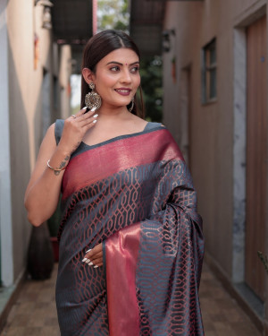 Gray color kanchipuram silk saree with zari woven work