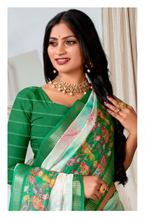 Green color soft linen silk saree with digital printed work