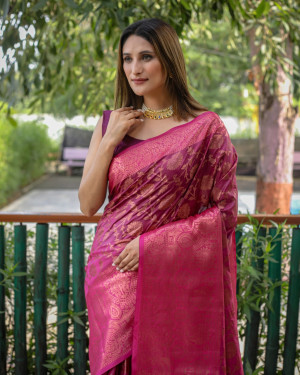 Magenta color kanchipuram silk saree with zari weaving work