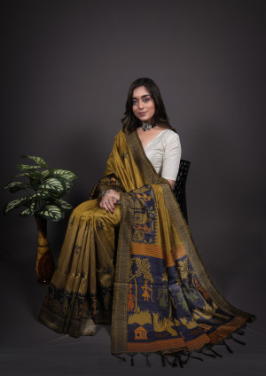 Mustard yellow color handloom raw silk saree with zari woven work
