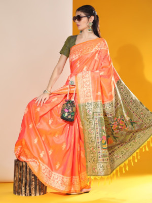 Peach color soft raw silk saree with woven design