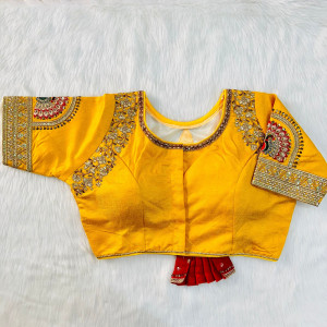 Heavy embroidery bridal work yellow color blouse