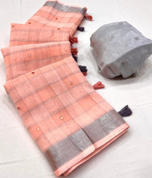 Peach color soft linen cotton saree with weaving work