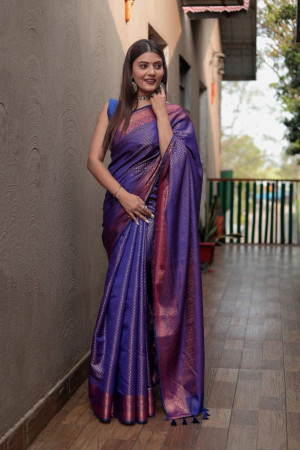 Royal blue color soft fancy silk saree with zari woven work