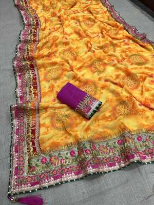 Multi color georgette saree with bandhej printed work