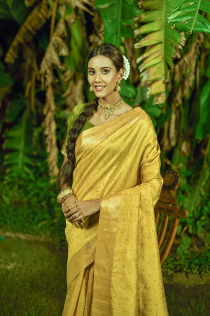 Yellow color bhagalpuri silk saree with zari weaving work