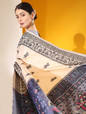Off white color soft raw silk saree with woven design