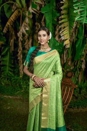 Parrot green color bhagalpuri silk saree with zari weaving work