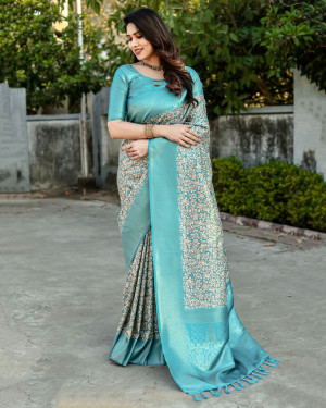 Firoji color banarasi silk saree with digital printed work