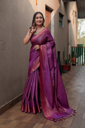 Magenta color soft fancy silk saree with zari woven work