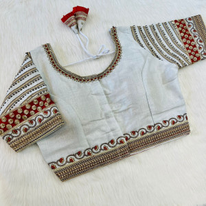 South silk heavy embroidery work white color blouse