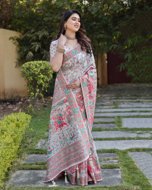 White color banarasi silk saree with woven design