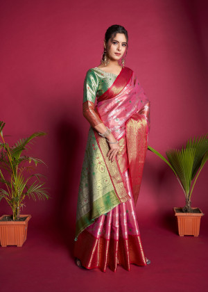 Magenta color banarasi silk saree with zari woven work
