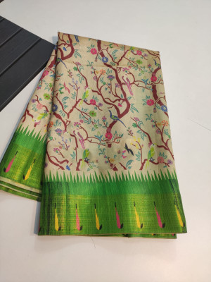Apple green color tussar silk saree with digital printed work
