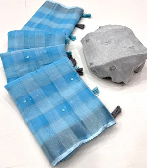 Sky blue color soft linen cotton saree with weaving work