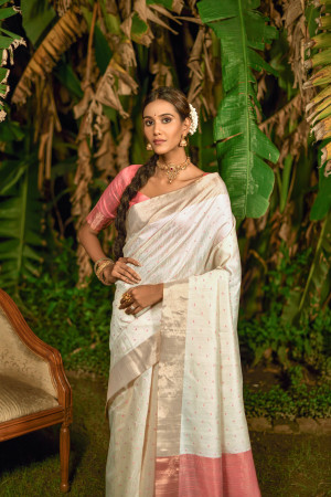 White color bhagalpuri silk saree with zari weaving work